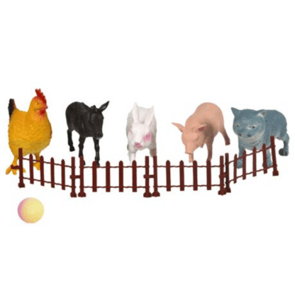 Five colorful plastic farm animal figures with a four-piece green plastic fence set.