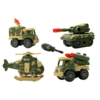 Child assembling a toy army vehicle with a screwdriver and wrench.
