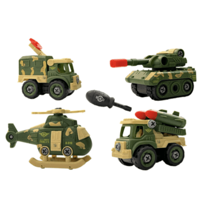 Child assembling a toy army vehicle with a screwdriver and wrench.