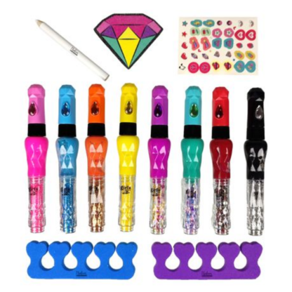 Set of 8 Girls Drawing Art Nail Pens with Nail Stickers and Glitter.