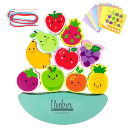 Colorful wooden toy set with fruit-shaped pieces for stacking, balancing, and beading activities for kids.