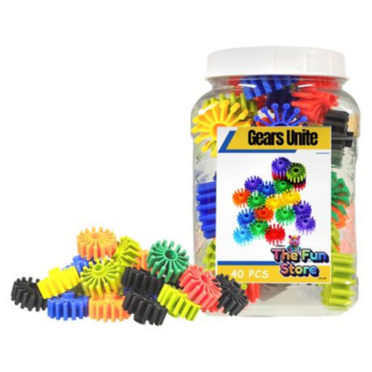 Colorful gears building interlocking set for kids promoting STEM learning and fine motor skills.