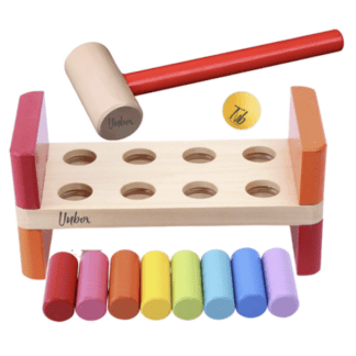 Wooden bench with toy hammering mallet and colored blocks for toddler fine motor skills