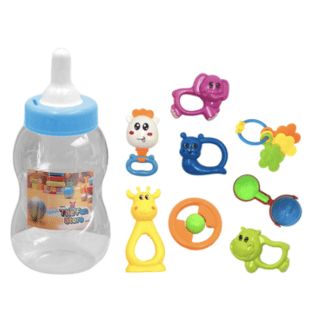 A colourful baby bottle piggy bank filled with eight different rattles.