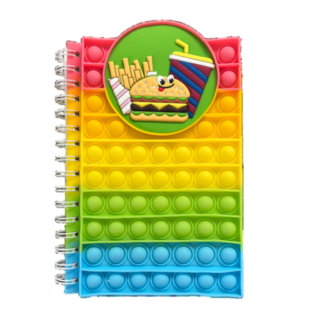 Notebook with fidget pop-it feature for stress relief and focus enhancement.