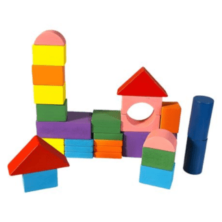 Kids colorful stacking building blocks set with pulley trailer cart for creative play and motor skills development.