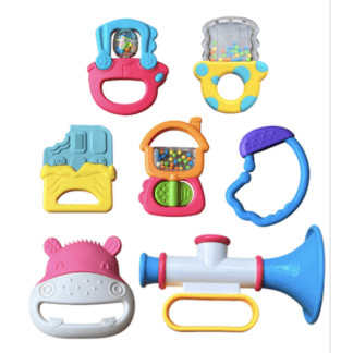 7-piece baby toy set including rattles, musical instruments, and sensory toys for infants and toddlers