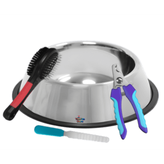 Pet grooming set with various tools for dog and cat care.