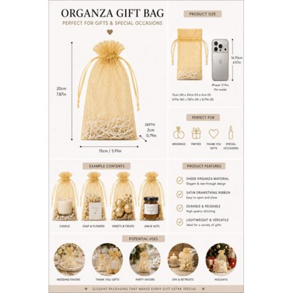 50 Organza 17cm x 23cm Bags in White, Black, Gold, Silver, Black and Red - Image 3