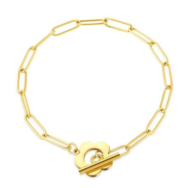 Bloom with Style: Flower & Bar Toggle Paperclip Bracelet - Simple Elegant - Gold