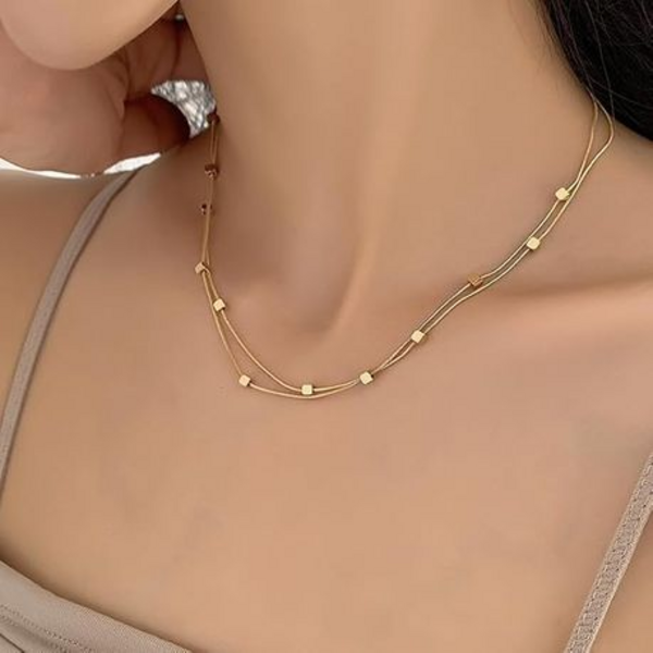 Unique Interlinked Mini Square Beads Stainless Steel Golden Necklace