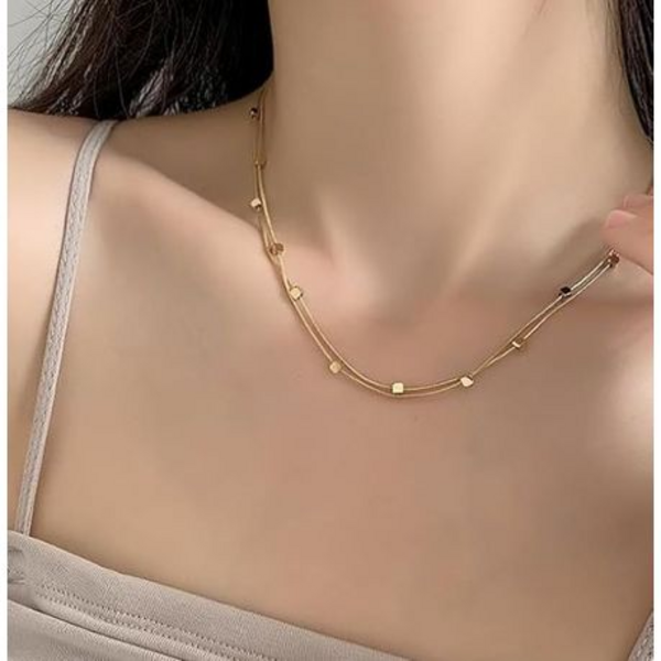 Unique Interlinked Mini Square Beads Stainless Steel Golden Necklace