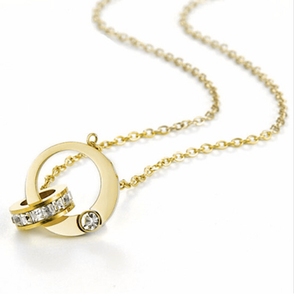 Roman Double Ring Pendant Necklace - Where History Meets Modern Sparkle - Gold - Image 6