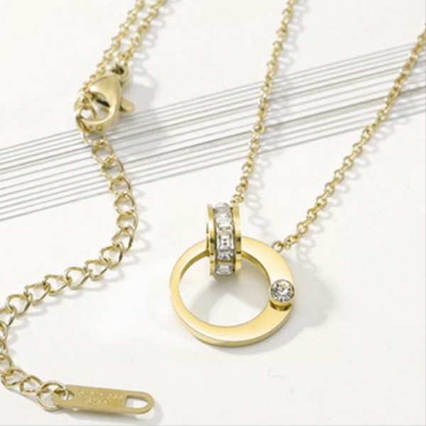 Roman Double Ring Pendant Necklace - Where History Meets Modern Sparkle - Gold - Image 8