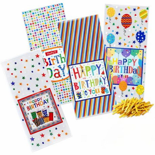 36 Colourful Cellophane Treat Bags for Birthday Parties, Sweets and Gifts