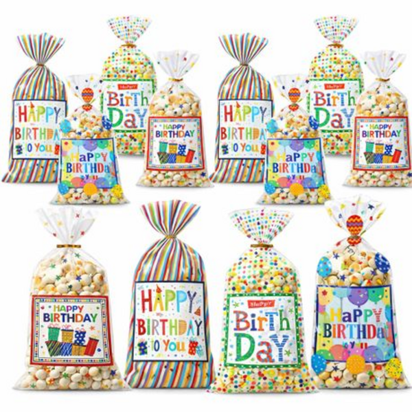 36 Colourful Cellophane Treat Bags for Birthday Parties, Sweets and Gifts