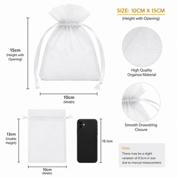 100 Organza 13cm x 18cm Bags in White, Black, Gold, Silver, Black and Red - Image 9