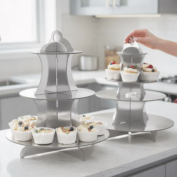 2 x Cupcake Cake Stand - 3-Tier Foil Covered Cardboard in Gold or Silver - Image 5