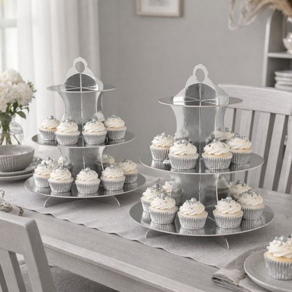 2 x Cupcake Cake Stand - 3-Tier Foil Covered Cardboard in Gold or Silver - Image 12