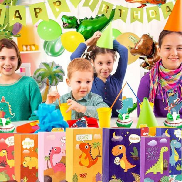 Roar with Fun -24-Piece Dinosaur Paper Gift & Party Favour Bags with Stickers