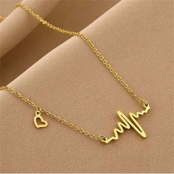 Beat of Love: Heartbeat Necklace in Gold or Silver Stainless Steel - Gold - Image 5