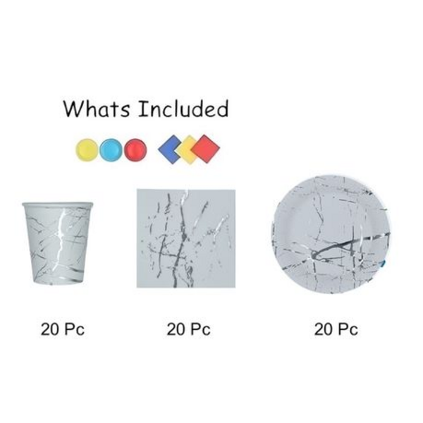60-Piece Silver & White Marble Print Disposable Entertainment Pack