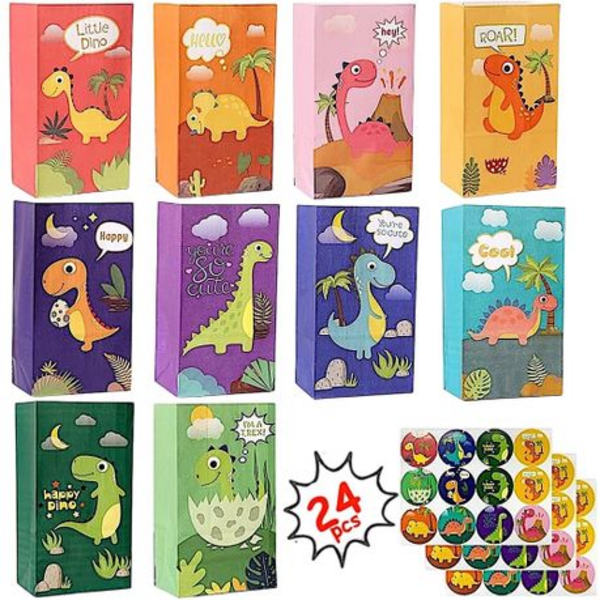 Roar with Fun -24-Piece Dinosaur Paper Gift & Party Favour Bags with Stickers