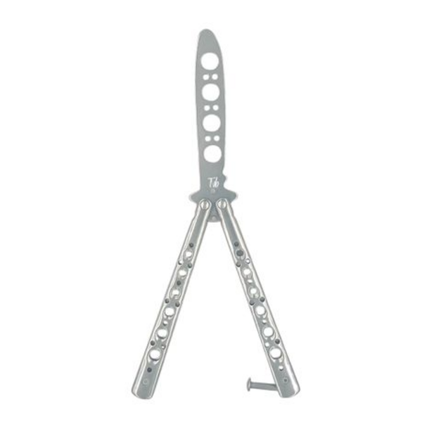Master the Art of Butterfly Knife Tricks with Our Silver Balisong Trainer.