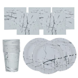 60-Piece Silver & White Marble Print Disposable Entertainment Pack
