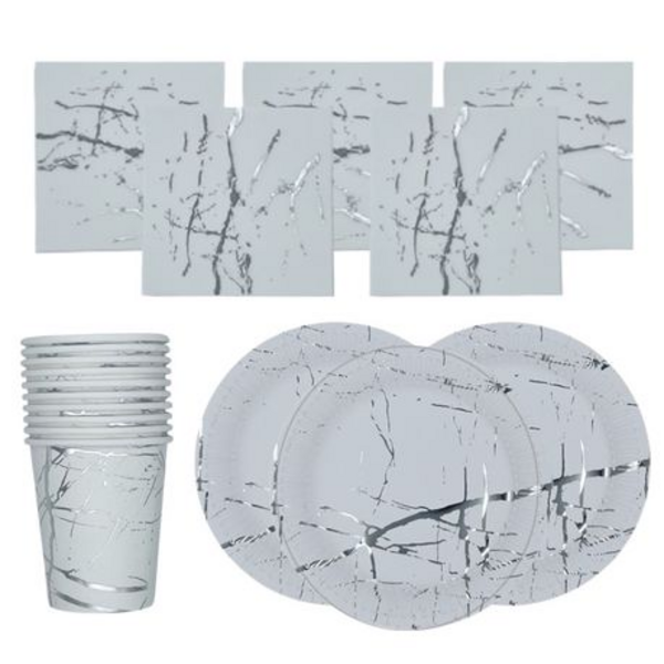60-Piece Silver & White Marble Print Disposable Entertainment Pack