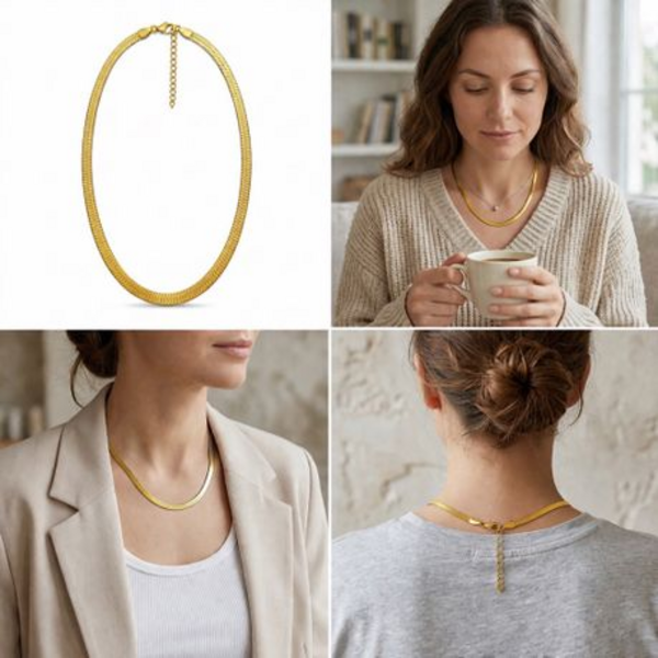 Necklace Choker Chain 45cm - Flat Snake / Herringbone - in Gold or Silver - Image 6