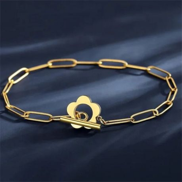 Bloom with Style: Flower & Bar Toggle Paperclip Bracelet - Simple Elegant - Gold