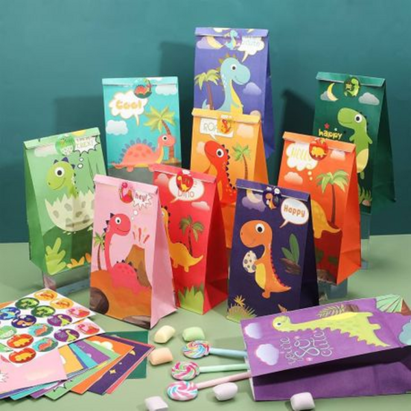 Roar with Fun -24-Piece Dinosaur Paper Gift & Party Favour Bags with Stickers