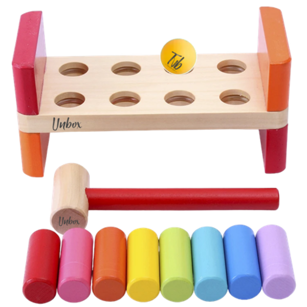 Unbox Wooden Bench with Toy Hammering Mallet for Pounding Coloured Blocks