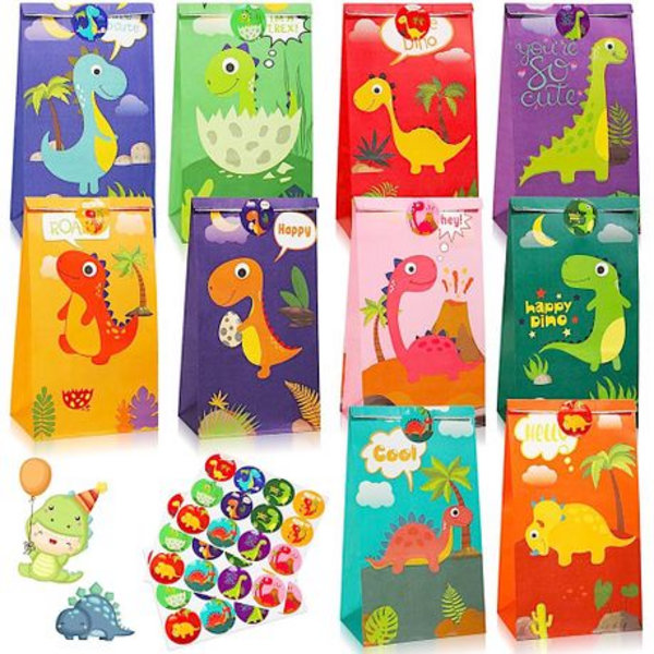 Roar with Fun -24-Piece Dinosaur Paper Gift & Party Favour Bags with Stickers