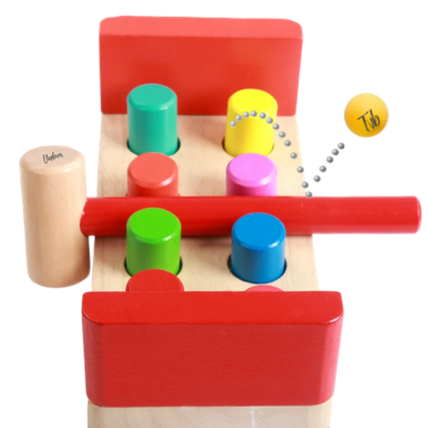 Unbox Wooden Bench with Toy Hammering Mallet for Pounding Coloured Blocks