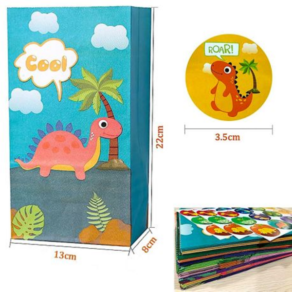 Roar with Fun -24-Piece Dinosaur Paper Gift & Party Favour Bags with Stickers
