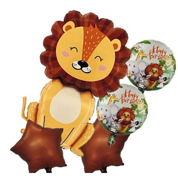 5-Piece Lion Safari Happy Birthday Themed Foil Balloon Party Decoration Set