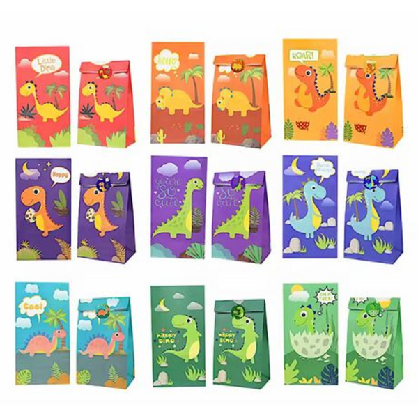 Roar with Fun -24-Piece Dinosaur Paper Gift & Party Favour Bags with Stickers