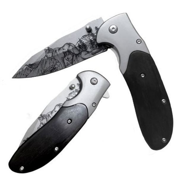 Tvb Wooden Handle Elegant Tactical Folding Pocket Knife EDC Wolf Design - Image 2