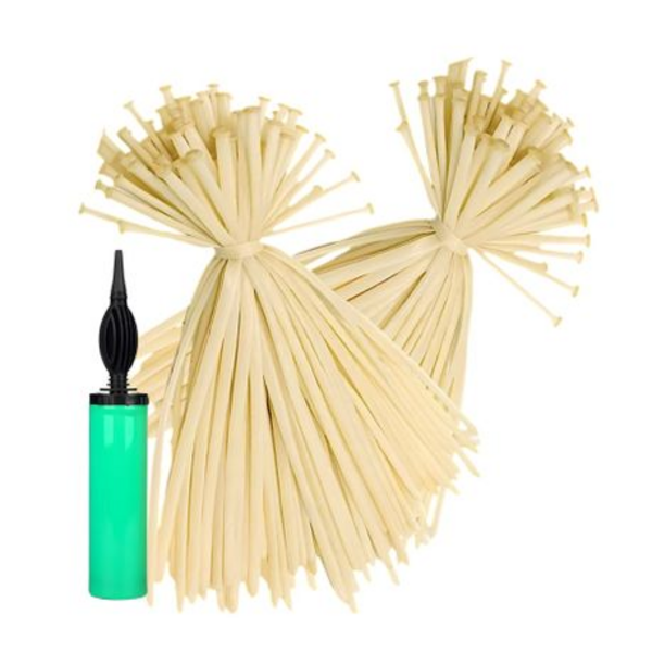 200-Count Long Latex Modeling Balloon Kit- White & Natural Hand Pump