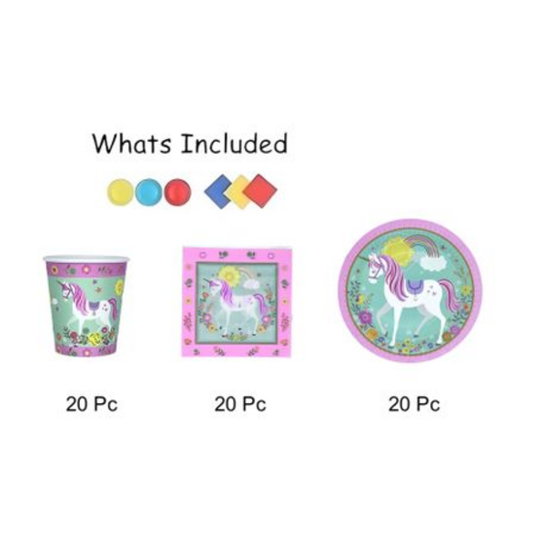 The Fun Store Magical Party Essentials Unicorn & Rainbow Tableware Set of 60 Pieces
