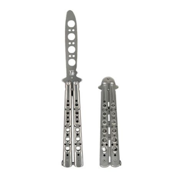 Master the Art of Butterfly Knife Tricks with Our Silver Balisong Trainer.