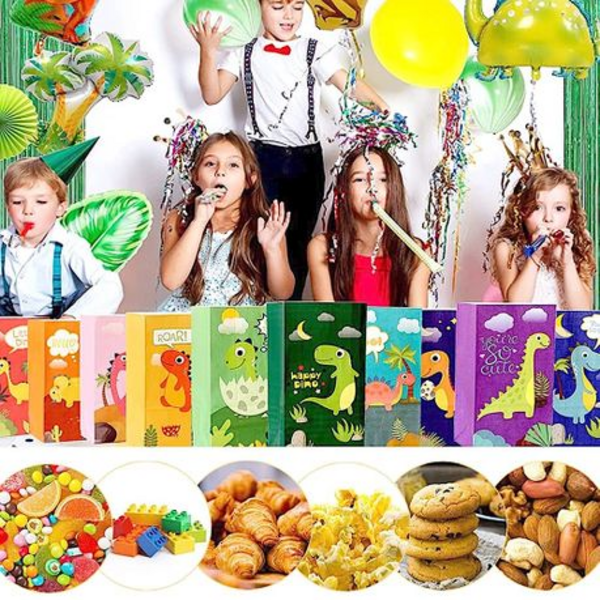 Roar with Fun -24-Piece Dinosaur Paper Gift & Party Favour Bags with Stickers