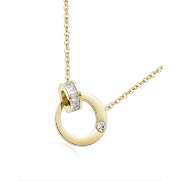 Roman Double Ring Pendant Necklace - Where History Meets Modern Sparkle - Gold - Image 2