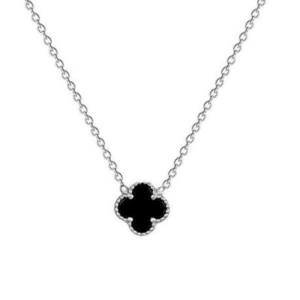 Lucky Charm: Black 4-Leaf Clover Pendant in Silver Stainless Steel