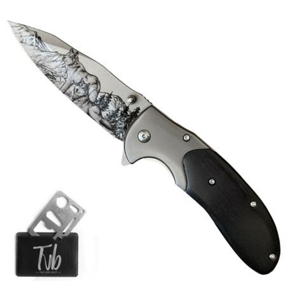 Tvb Wooden Handle Elegant Tactical Folding Pocket Knife EDC Wolf Design