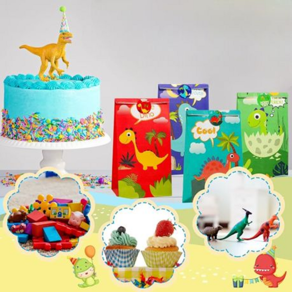 Roar with Fun -24-Piece Dinosaur Paper Gift & Party Favour Bags with Stickers