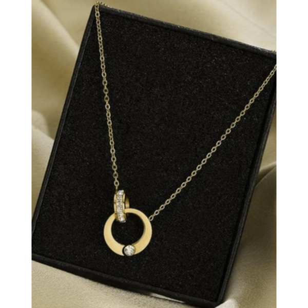 Roman Double Ring Pendant Necklace - Where History Meets Modern Sparkle - Gold - Image 7