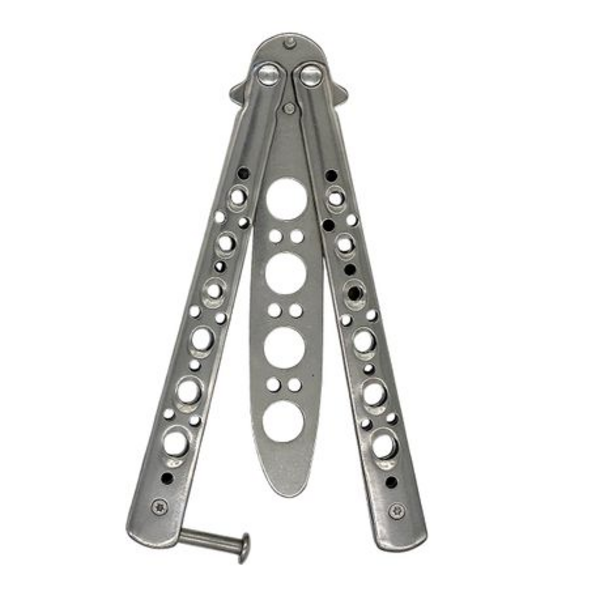 Master the Art of Butterfly Knife Tricks with Our Silver Balisong Trainer.